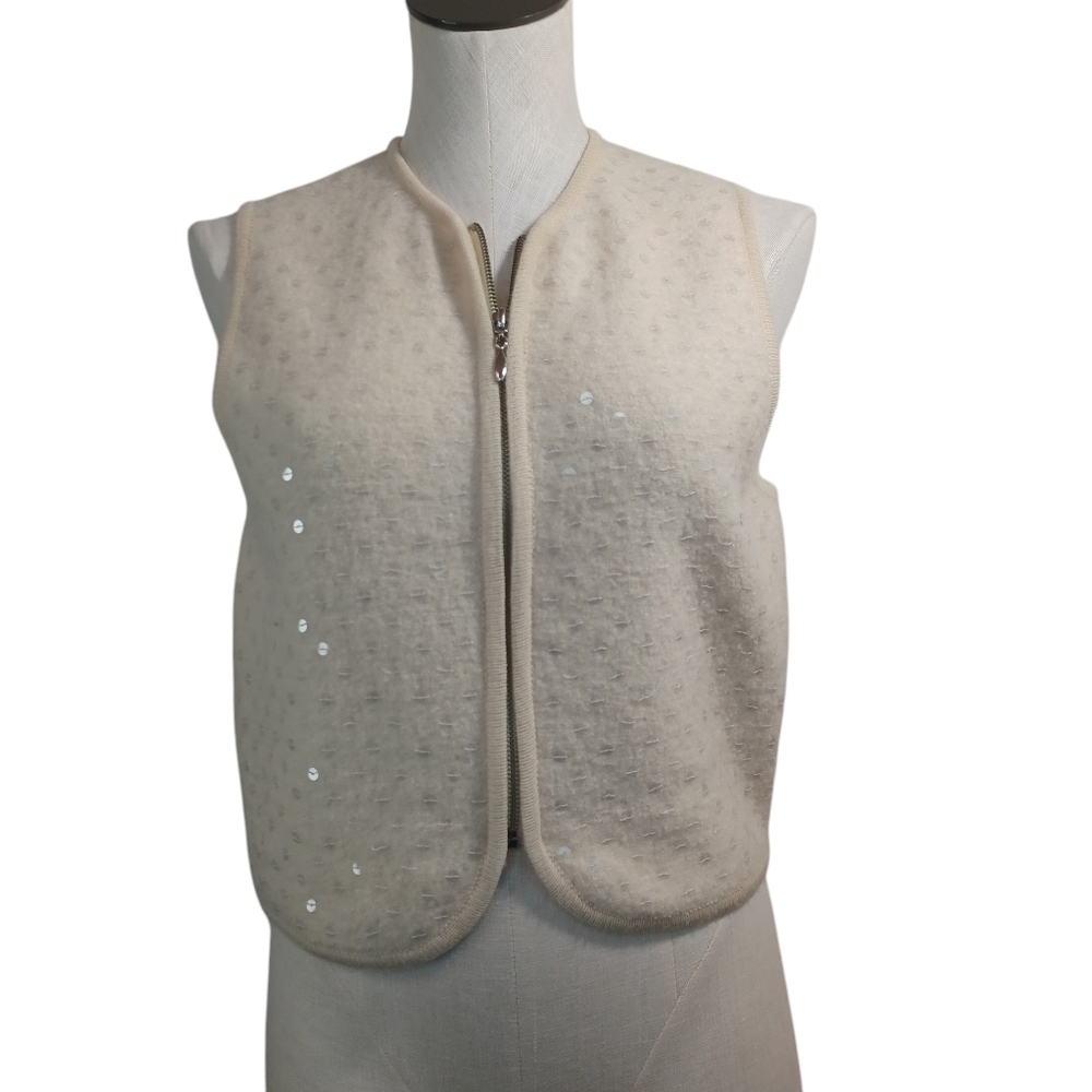ICE Vintage Womens 100% Wool Sequin Zip Front Vest Cream Medium RN‎ 85046